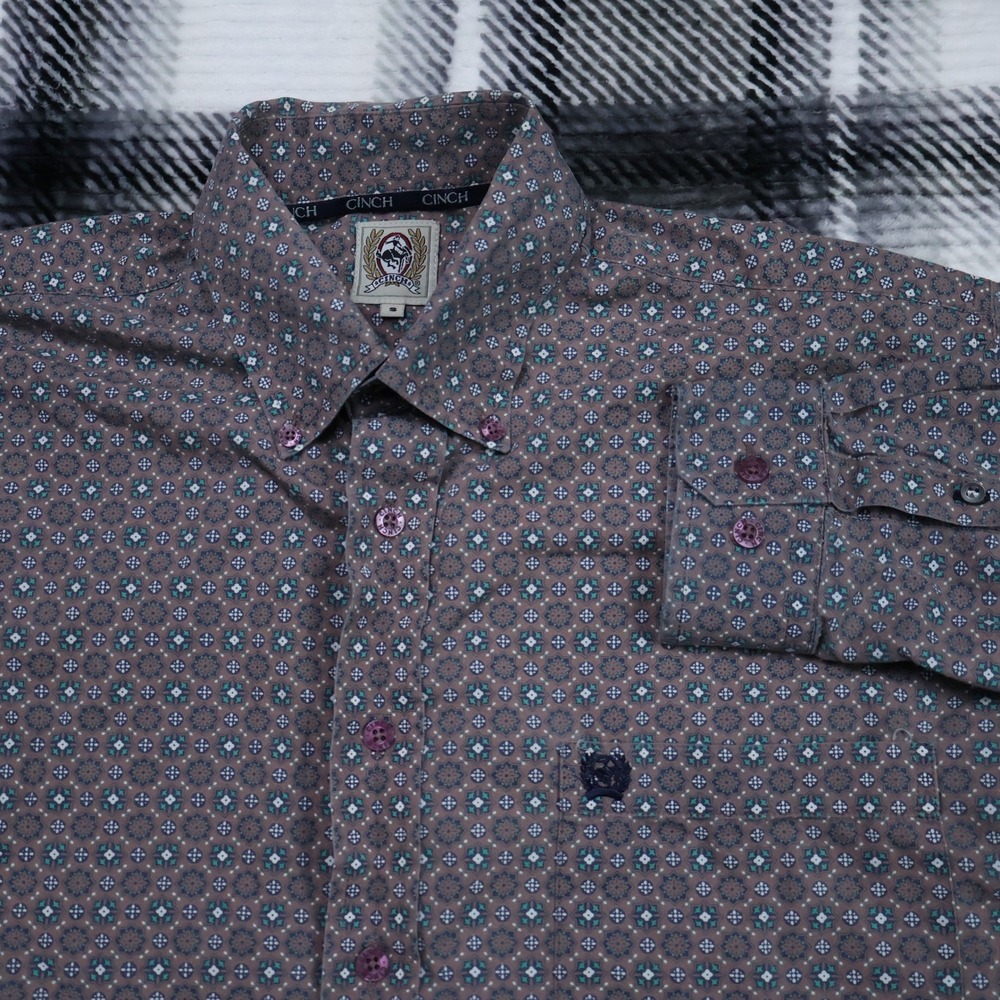 Cinch Mens Geometric Medallion Western Button Down Shirt Purple Size Small